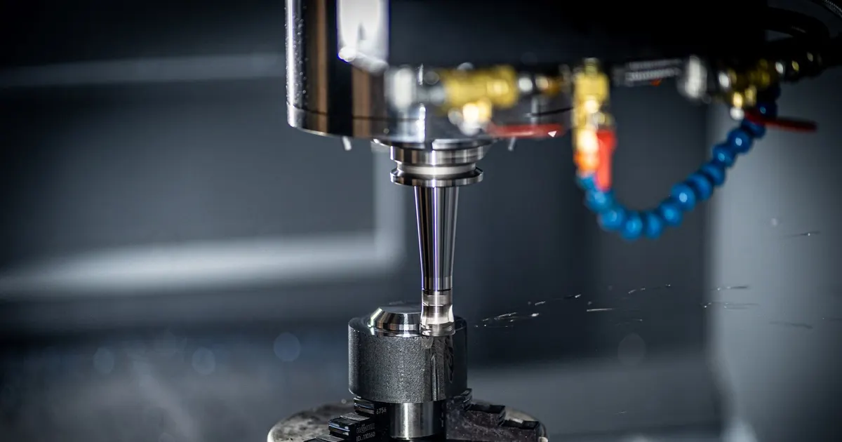 Small cutting tool held in a CNC machining center spindle with coolant lines, the kind of setup used for thread milling bike parts